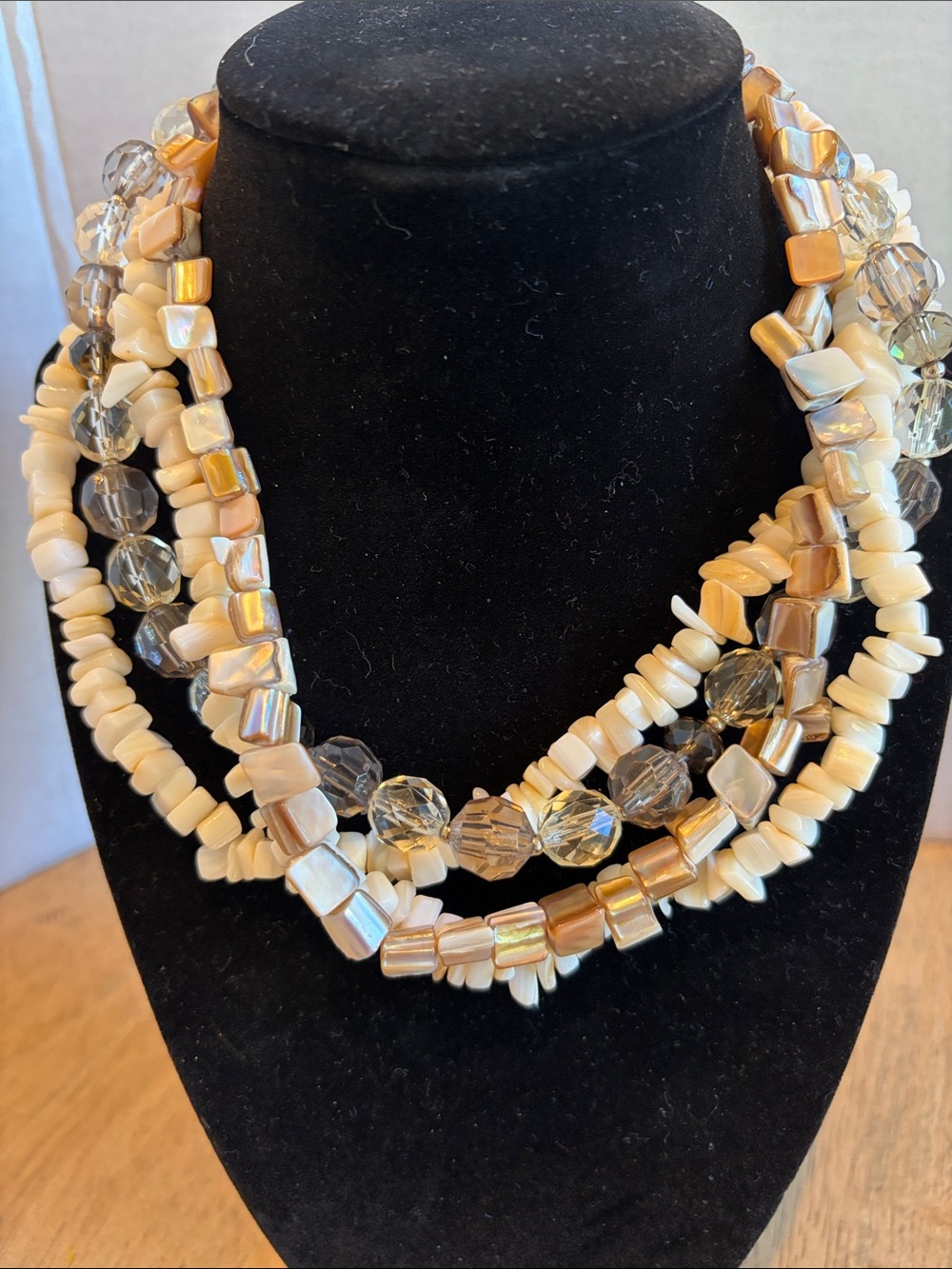 Multi-Strand shell chips, mother of pearl and faceted crystal beads necklace